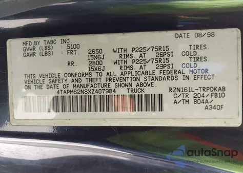 1999 Toyota Tacoma from USA, damaged, VIN 4TAPM62N8XZ407984